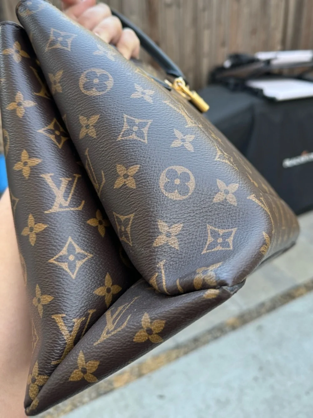 Louis Vuitton Brown Monogram Canvas Tote with Black Leather Trim and Gold Lock